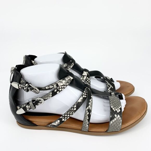 Nine West Gladiator Strappy Sandals Flats 9.5M Women Snake Print Gray Black BOHO - Picture 13 of 13